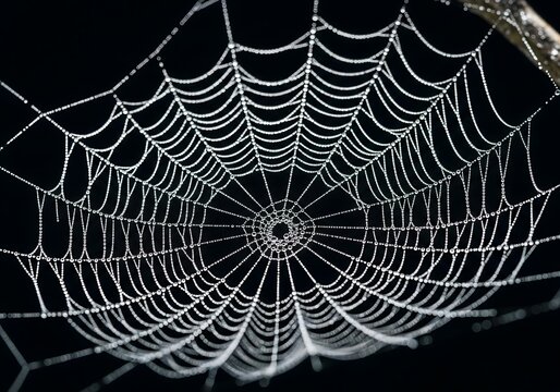 Close-up of a Beautiful Spider Web Covered in Dew Drops on a Dark Background &ndash; Nature&rsquo;s Intricate Pattern Representing Connection, Fragility, Structure, and Natural Geometry