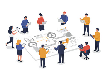 People collaborate around a table with a large digital display