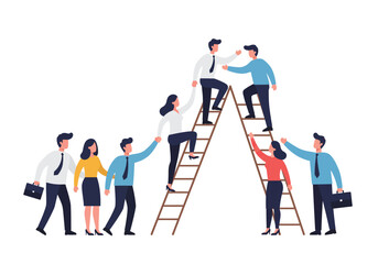 People climbing ladders forming a triangle shape