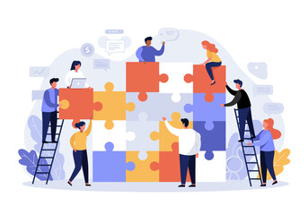 People assembling a large jigsaw puzzle against a light background