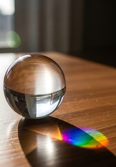 Crystal sphere on wooden surface refracting light, capturing vibrant hues