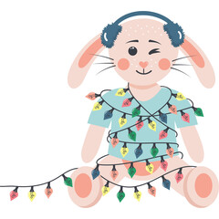 Cute Pink Bunny Rabbit Character Wearing Blue Headphones and Light Blue T-shirt Wrapped in Colorful Christmas Lights Sitting with Transparent Background