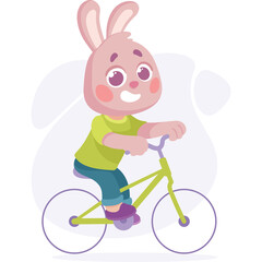 Cute Pink Cartoon Bunny Child With Big Eyes And Rosy Cheeks Riding A Bicycle