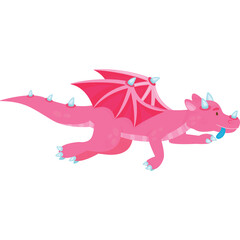 Cute Pink Cartoon Dragon With Blue Spikes And Wings Flying On Transparent Background
