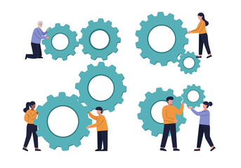 People interact with large gears in a stylized illustration