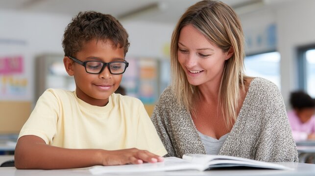 A teacher assists a young boy with reading in a bright classroom. The mood is supportive and encouraging, fostering a love for learning.