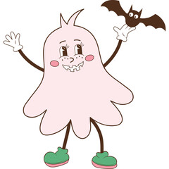 Cute Pink Ghost Character Holding a Bat with Smiling Face and Green Shoes on a Transparent Background for Halloween Themed Illustrations