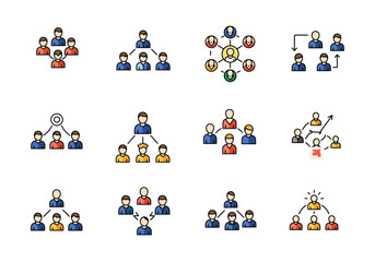 Various flat icon illustrations of organizational structures and team dynamics