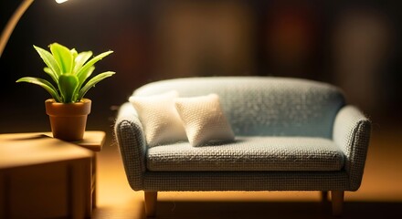 Detailed still life arrangement of miniature couch and potted plant