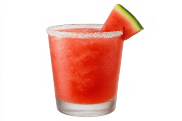 Watermelon slushy drink with sugar rim and fruit slice. Refreshing frozen cocktail for summer