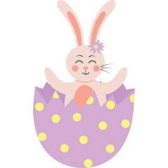 Cute Pink Easter Bunny Emerging From a Purple Polka Dot Egg With a Flower on its Ear And Closed Eyes With Smiling Face