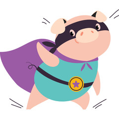 Cute Pig Character Wearing A Superhero Costume With A Purple Cape And Teal Suit Isolated On White