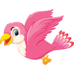 Cute Pink Bird With Yellow Beak And Orange Feet Flying In The Sky With Feather Detail And Blue Eyes