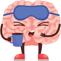 Cute Pink Brain Character Wearing Sleep Mask Holding Coffee Cup Yawning Tired Expression Red Sneakers Transparent Background