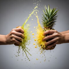 Dynamic tropical fruit burst, vibrant juice splash, natural explosion shot