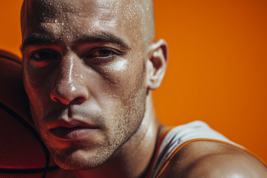 Sweaty Basketball Player Close-Up Portrait: Intense Male Athlete Leaning on Ball with Determined Gaze, Dramatic Orange Background, Focused Sports Emotion