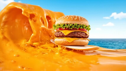 Burger Surfing on a Wave of Cheese, Floating in the Ocean