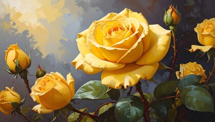 A close-up painting of several bright yellow roses with green leaves against a blurry background of sky tones