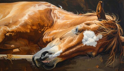 A close-up painting of a chestnut horse resting, showing detailed fur and highlights on its face and neck