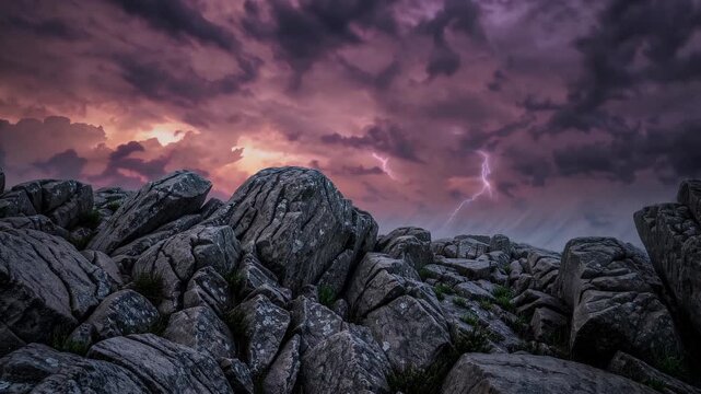 epic 4k timelapse rocky terrain vibrant orange magenta storm clouds illuminated lightning rain rainbow emerging symbolizing power beauty unpredictability nature