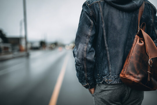Anonymous urban commuter in a denim jacket with leather backpack walking on a wet, blurred city street — moody lifestyle portrait of travel and solitude - Powered by Adobe