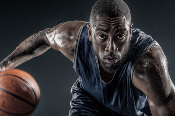 Close-up action portrait of a determined basketball player driving to the hoop, sweat flying and muscles straining in intense motion