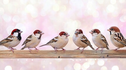 Naklejka premium Small birds perched on a wooden fence display various expressions in a soft, misty background