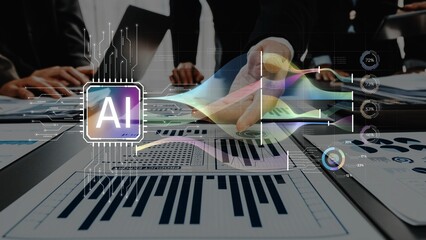 A professional team collaborates on data analysis while utilizing artificial intelligence technology to enhance decision-making and drive business growth. Raster