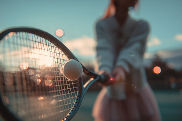 Sunset Tennis Close-Up: Soft Backlit Tennis Ball Resting on Racket Strings with Warm Bokeh and Blurred Player in Background