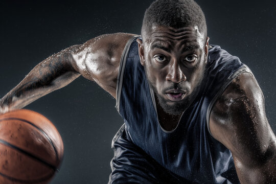 Close-up action portrait of a determined basketball player driving to the hoop, sweat flying and muscles straining in intense motion