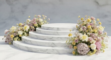 Elegance marble display stage with soft floral embellishments and textures