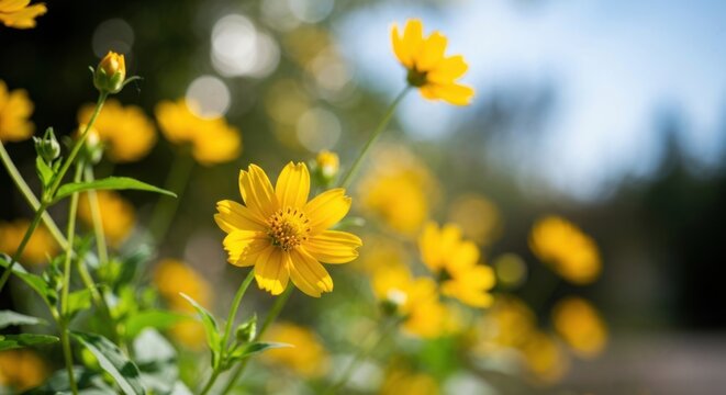Close-up of vibrant yellow wildflowers in a sunny garden - Powered by Adobe