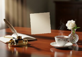 Elegant still life composition featuring vintage writing tools, a delicate teacup, and an ethereal floating paper on a