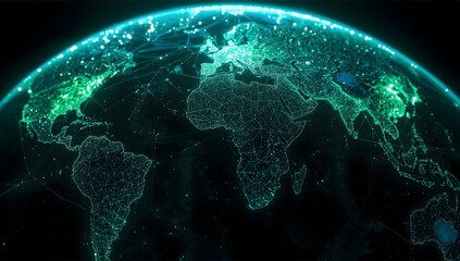 Global digital network connectivity across glowing world map, internet technology concept.