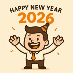 Happy New Year 2026 Celebration Cheerful Businessman Flat Vector Logo in Festive Style