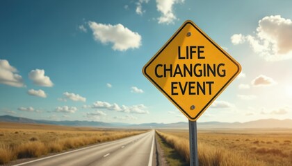 A yellow diamond sign reads LIFE CHANGING EVENT on a straight road leading to distant mountains under a blue sky. The sign marks a significant juncture or turning point in ones life.