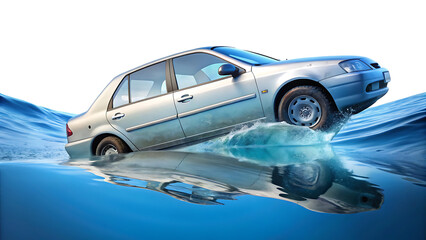 Silver Sedan Partially Submerged in Blue Water with Reflection isolated on a transparent background vehicle