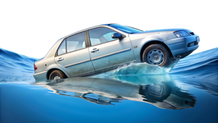 Silver Sedan Partially Submerged in Blue Water with Reflection isolated on a transparent background vehicle