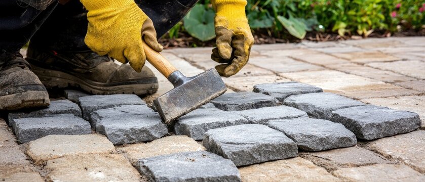 Worker laying gray stone bricks for patio construction with hammer on outdoor concrete floor during day