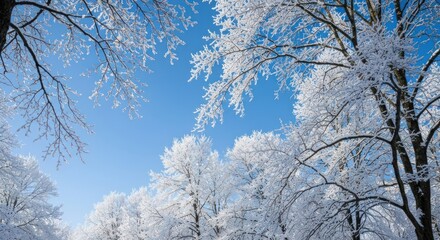 Fototapeta premium Trees with icy branches against a bright blue sky, winter scene