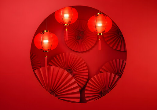 Red circular lantern display Decorative red lanterns arranged in elegant circular pattern background