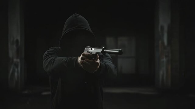 Dangerous hooded man with a hidden face aiming and shooting a silenced pistol in a dark, abandoned building. Crime, violence, and aggression concept with a dramatic muzzle flash effect