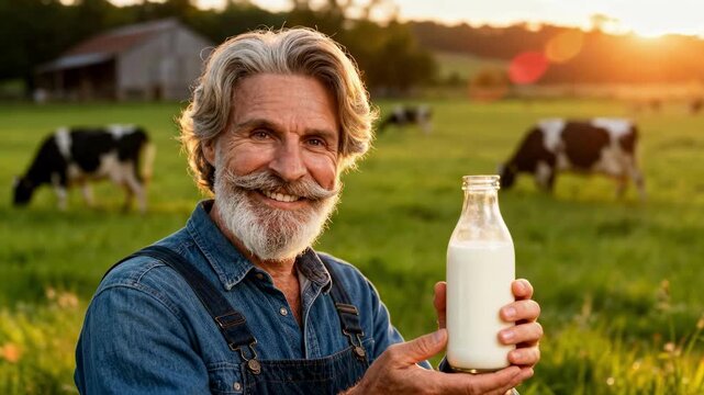 Senior farmer holding a bottle of fresh milk on a dairy farm. A smiling man in a field with cows grazing at sunset. Natural organic food and agriculture concept