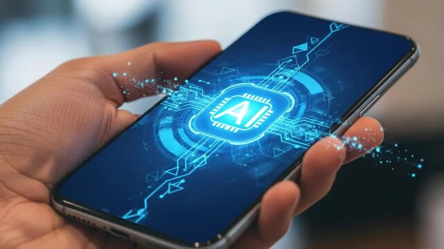 Closeup of a hand holding a smartphone displaying an ai logo on the screen