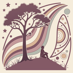 A person sits under a large tree on a hill with abstract colorful waves, stars, and geometric shapes in a dreamlike landscape.