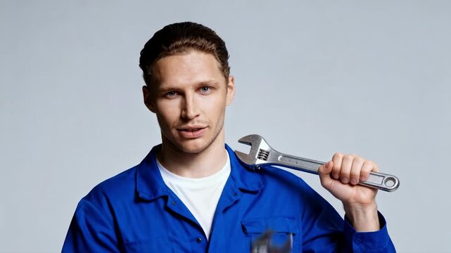Professional handyman holding an adjustable wrench. Young male worker in blue coveralls smiling in a studio portrait. Repair service and skilled labor concept
