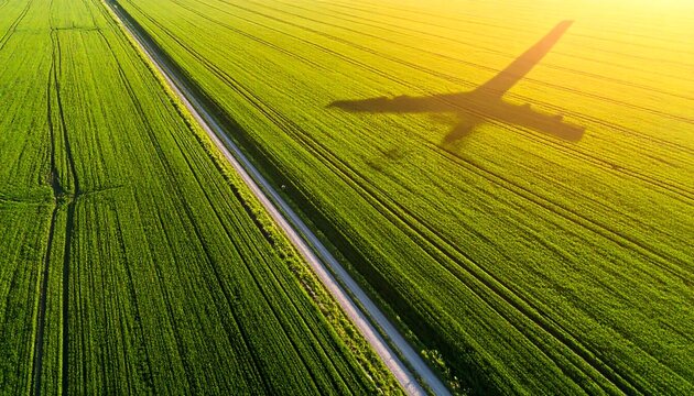 Airplane shadow over green field, dirt road running through it, captured from above under bright sunshine