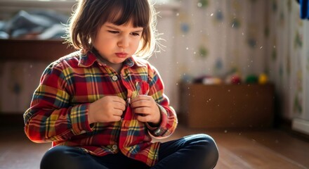 Young caucasian child trying to button shirt while sitting on floor in room. Independent living skill development for kid with autism or neurodiversity.