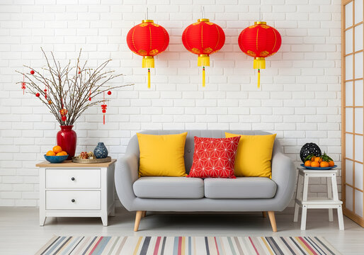 Chinese New Year Living Room with Red Lanterns Modern living room decorated for Chinese New Year with three red lanterns, lucky branches, and mandarin oranges. Festive interior design
