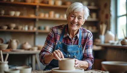 Smiling elderly woman shapes clay on pottery wheel in studio. Mature lady wears apron, creates ceramic art, enjoys her hobby with focus and delight.